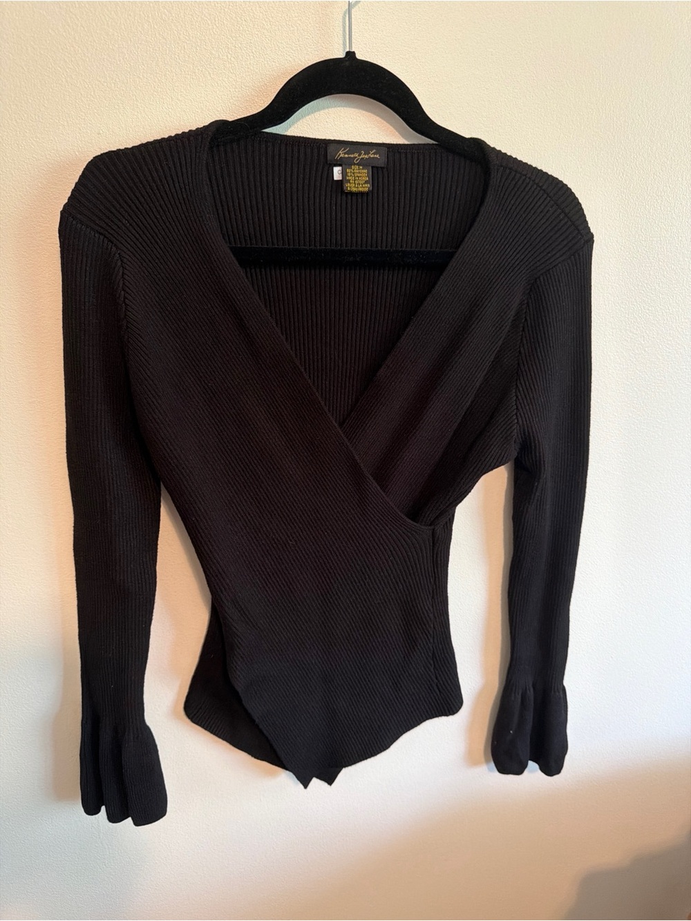 Kenneth Jay Lane Black Ribbed Knit Wrap Top Bell Sleeve